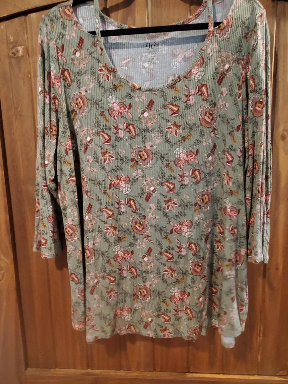 dressbarn Sage Green Floral Ribbed Long Sleeve Scoop Neck Top